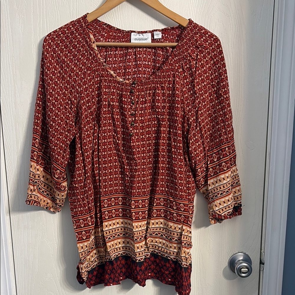 Avenue Red Cream Buttoned Blouse with Relaxed Fit - Picture 1 of 6